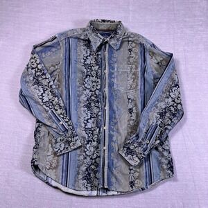 Indigo Palms Tommy Bahama Floral Stripe Corduroy Button Down Shirt Mens L Blue
